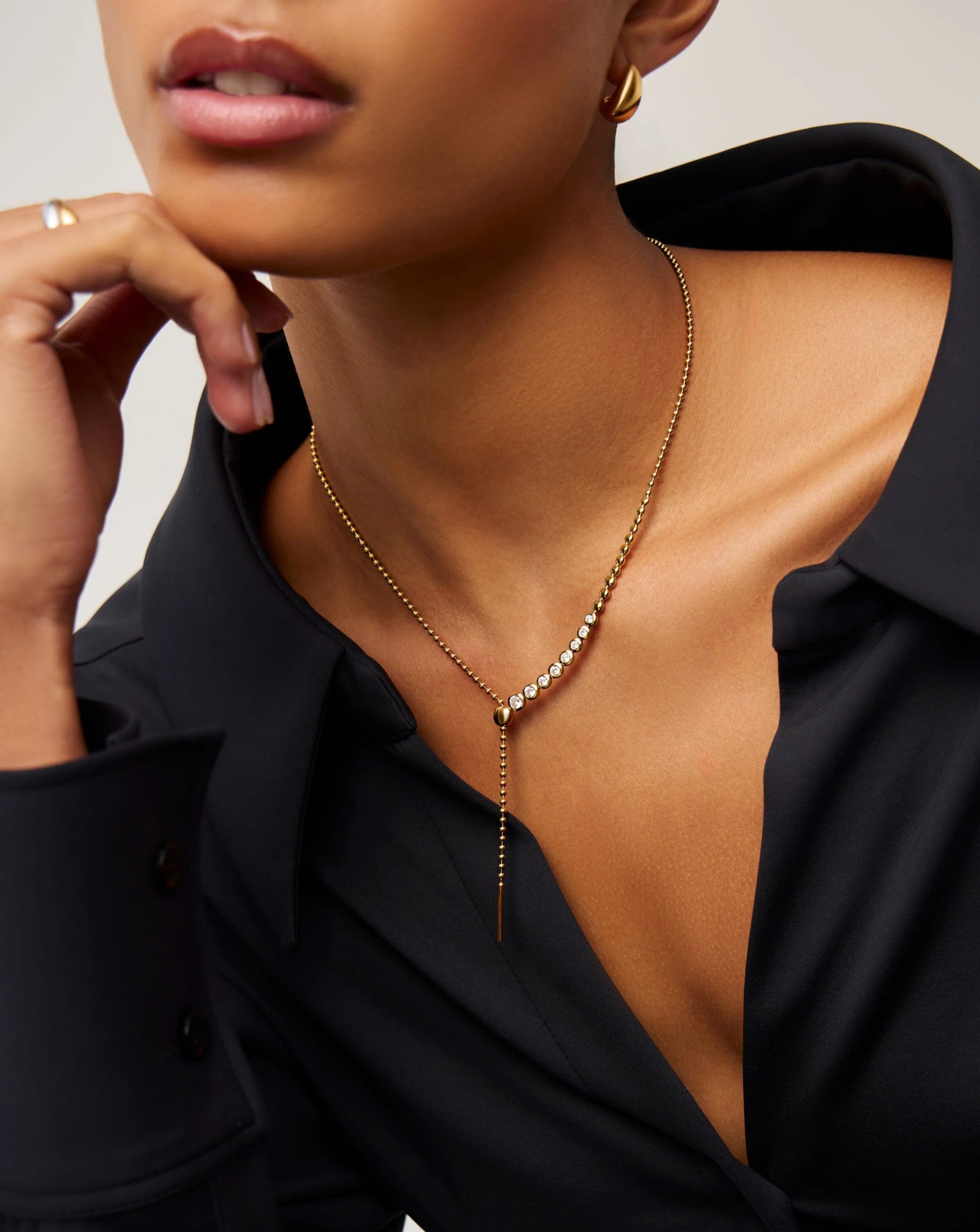 Beaded Stone Slider Lariat Necklace | 18k Gold Vermeil/Cubic Zirconia - Image 2
