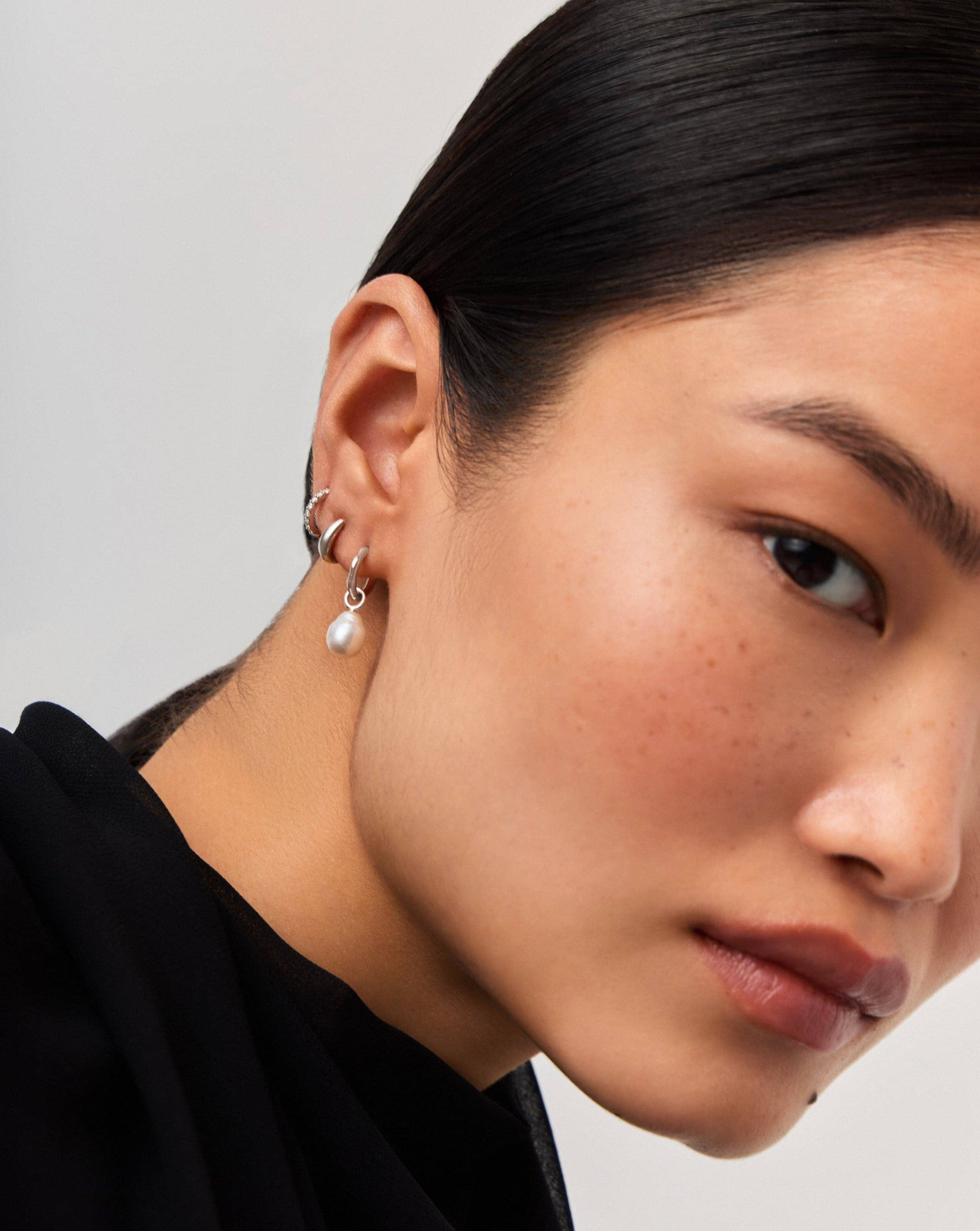 Solid Gold Baroque Pearl Organic Hoop Earrings | 14k Solid White Gold/Pearl - Image 6