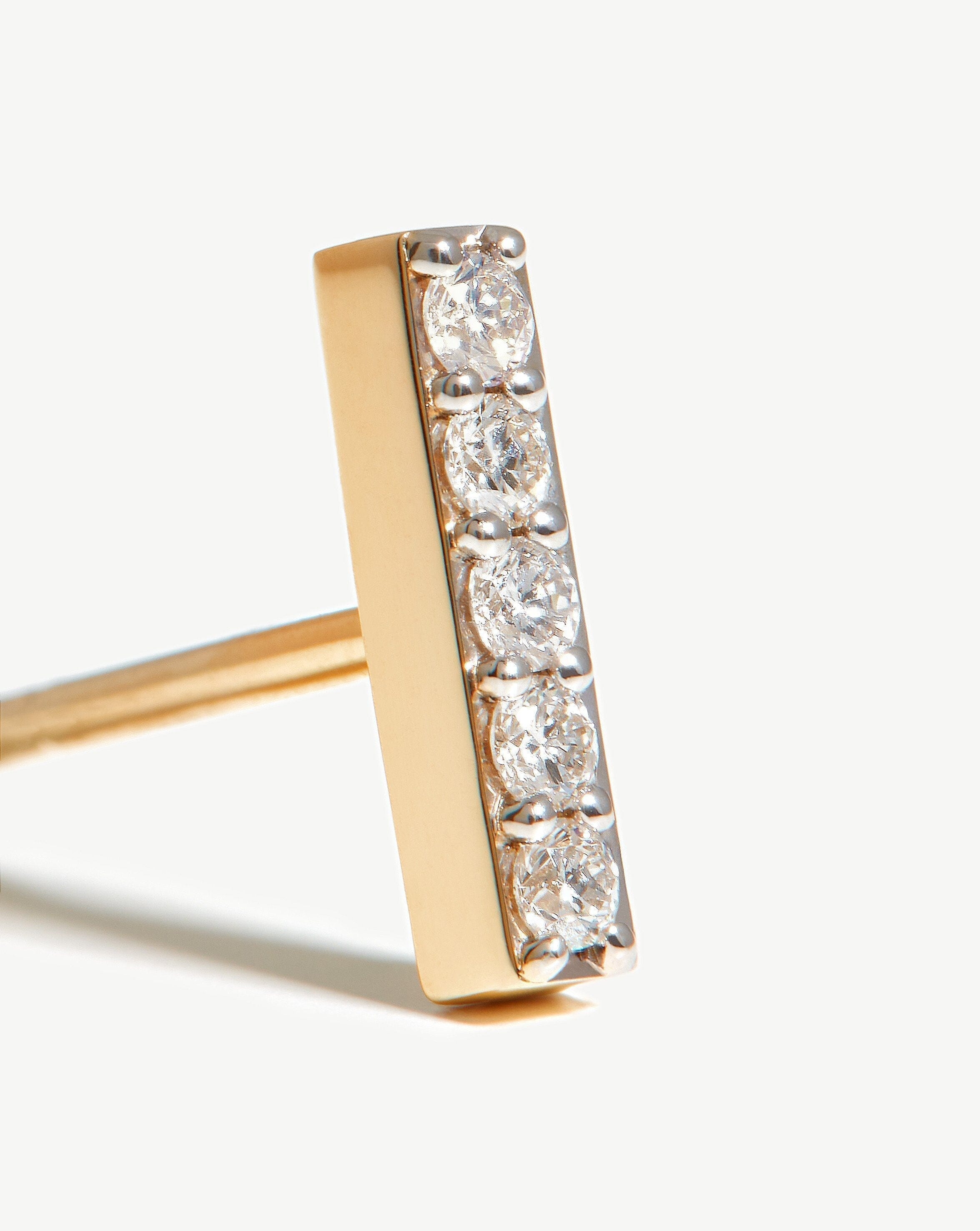 Solid Gold Diamond Bar Stud Earrings | 14k Solid Gold/Diamond - Image 4