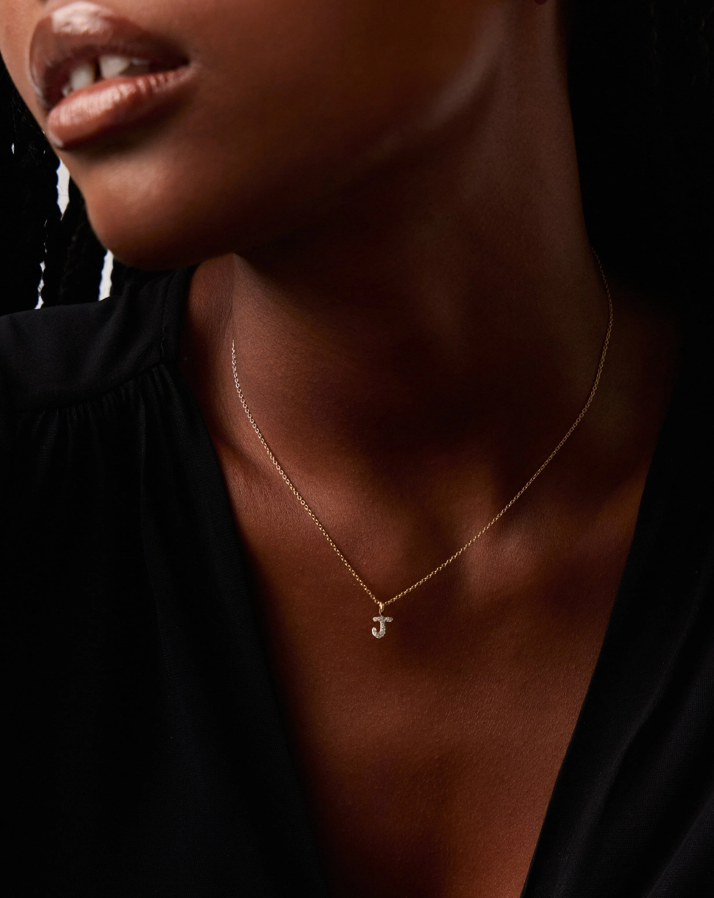 Solid Gold Diamond Initial Mini Pendant Necklace - J | 14k Solid Yellow Gold Plated/Diamond - Image 3