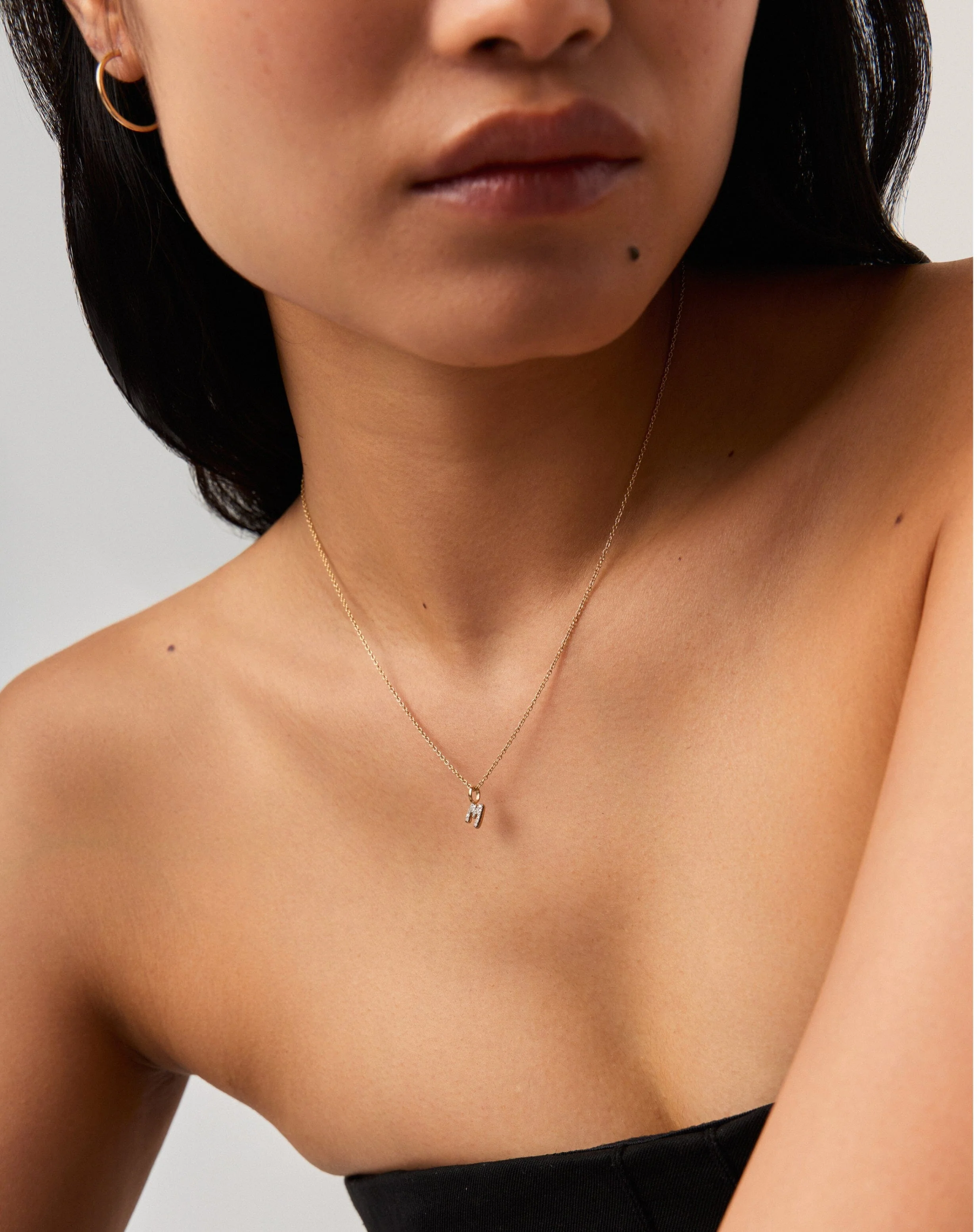 Solid Gold Diamond Initial Mini Pendant Necklace  - M | 14k Solid Yellow Gold Plated/Diamond - Image 2