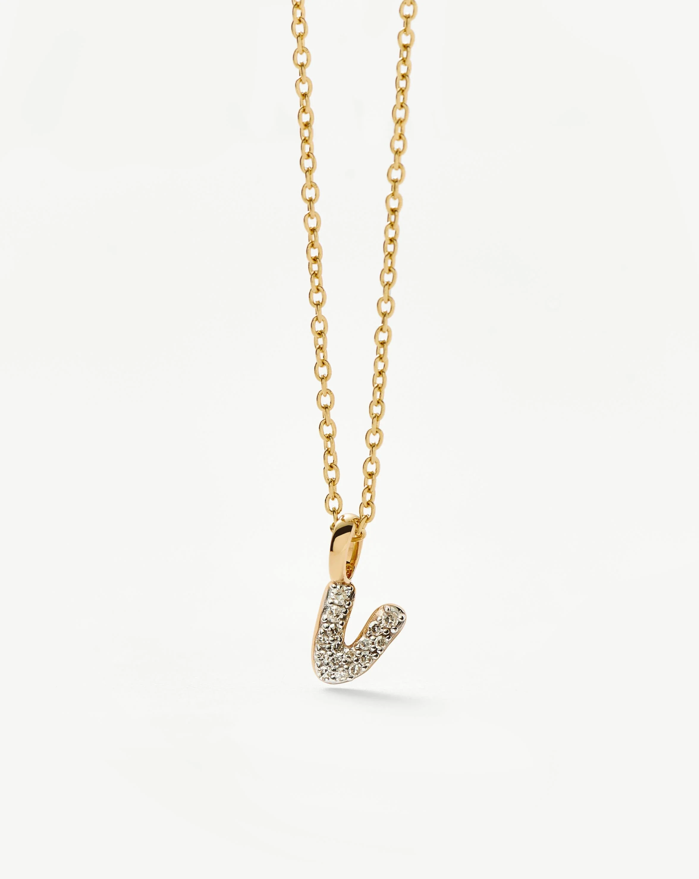 Solid Gold Diamond Initial Mini Pendant Necklace - V | 14k Solid Yellow Gold Plated/Diamond - Image 2