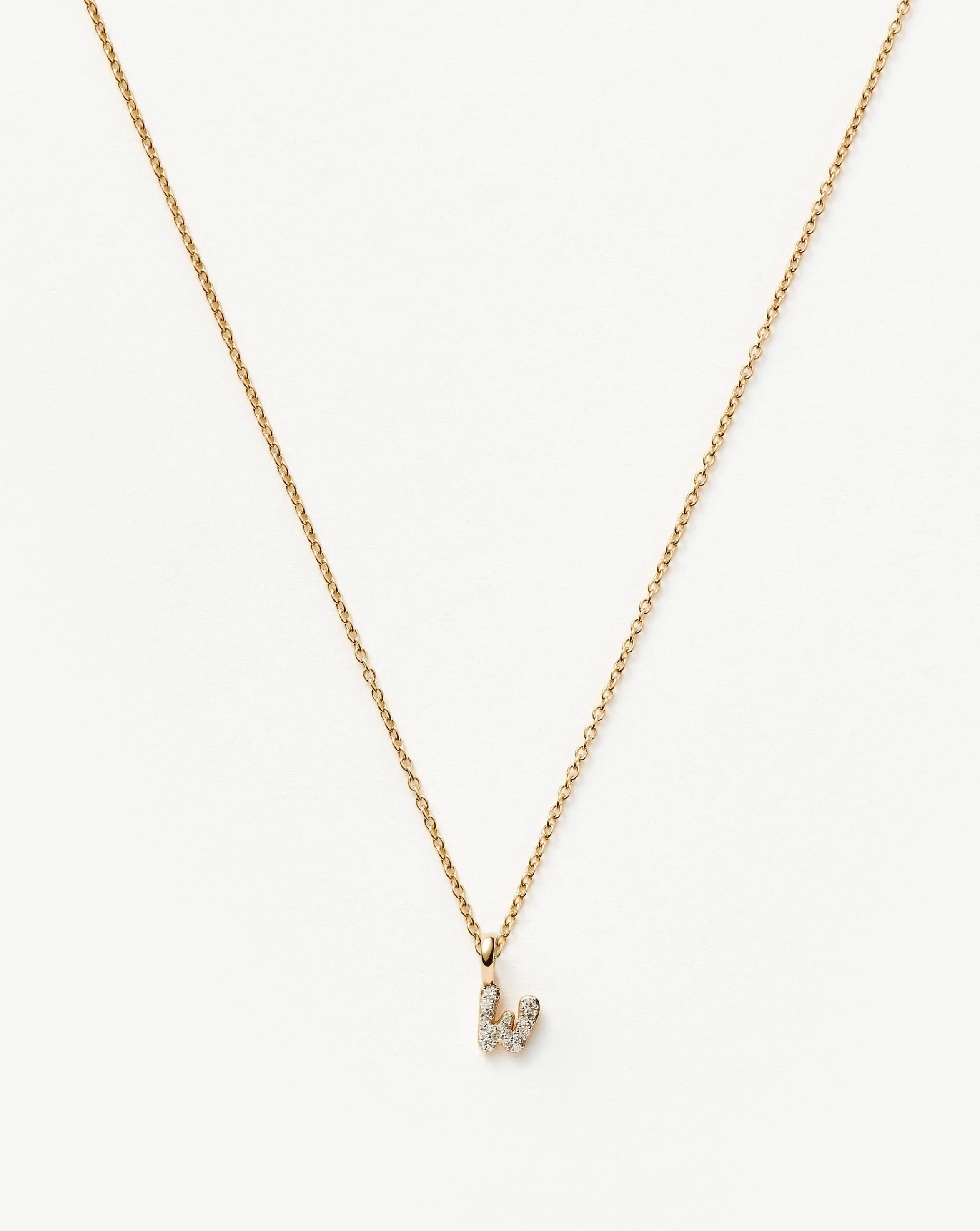 Solid Gold Diamond Initial Mini Pendant Necklace - W | 14k Solid Yellow Gold Plated/Diamond