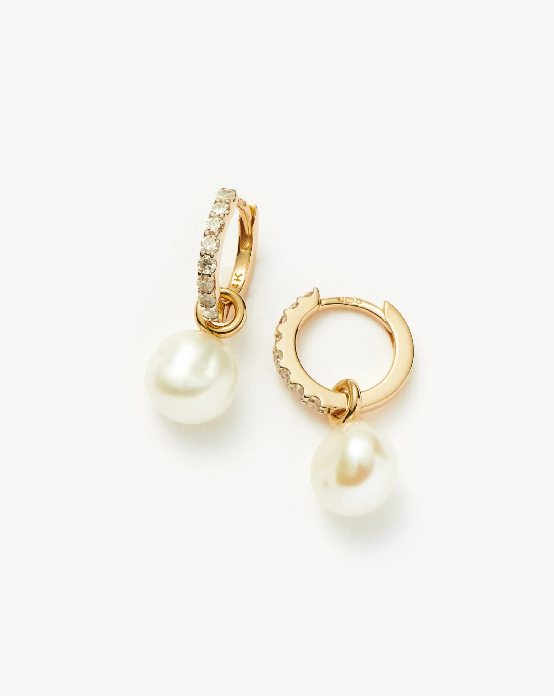 Solid Gold Diamond & Pearl Charm Hoop Earrings | 14k Solid Gold/Pearl & Diamond