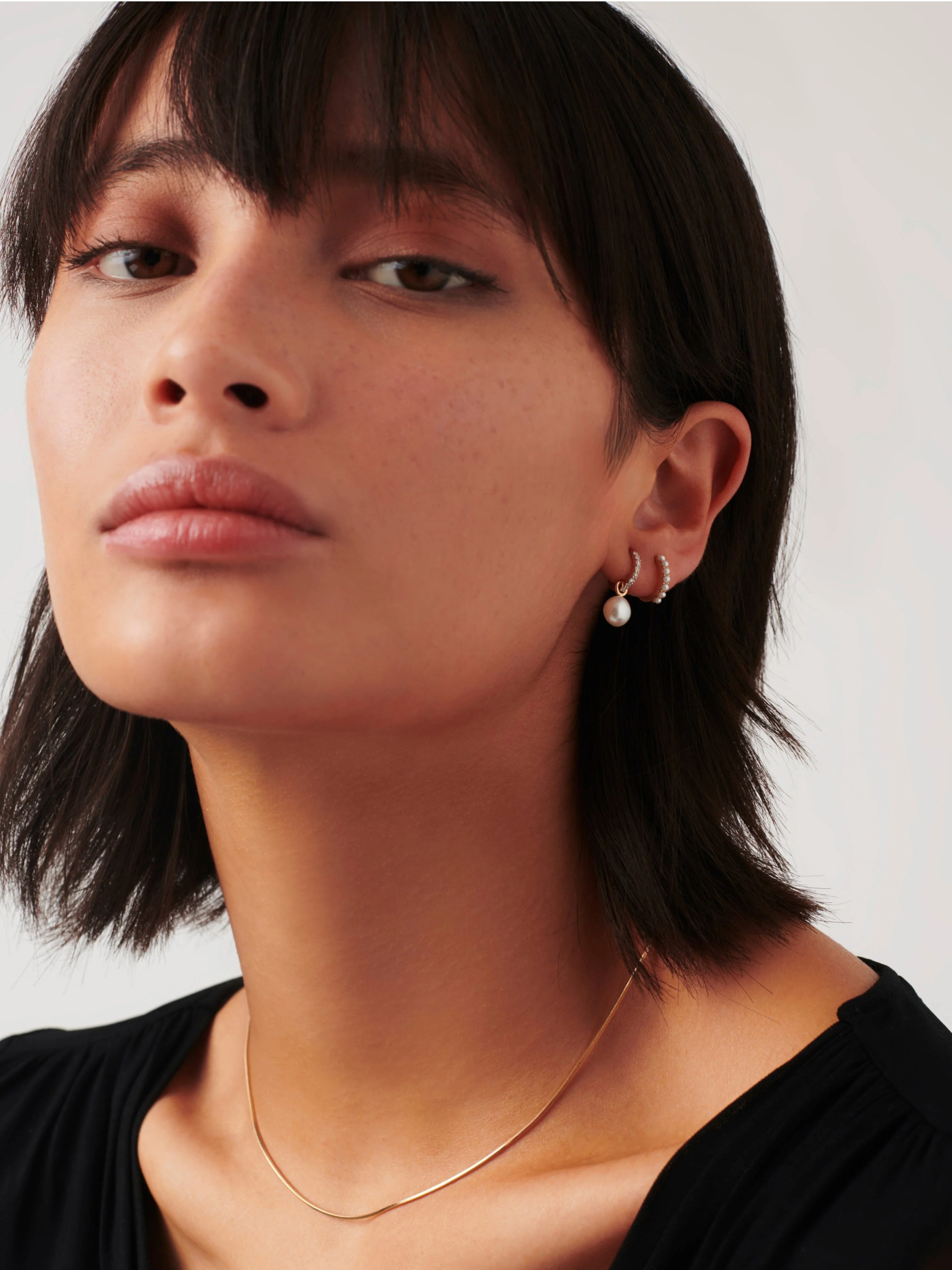 Solid Gold Diamond & Pearl Charm Hoop Earrings | 14k Solid Gold/Pearl & Diamond - Image 2