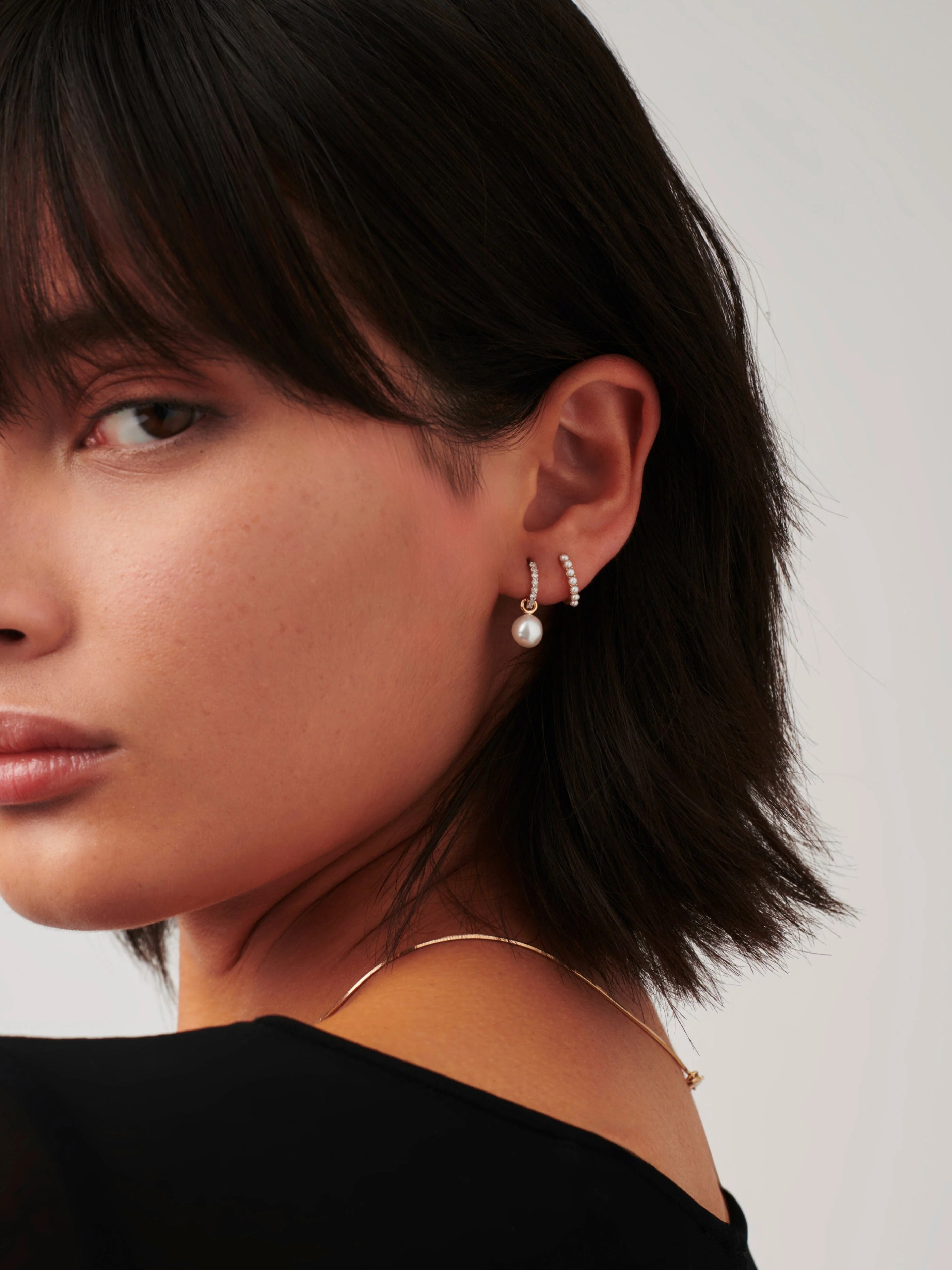 Solid Gold Diamond & Pearl Charm Hoop Earrings | 14k Solid Gold/Pearl & Diamond - Image 3