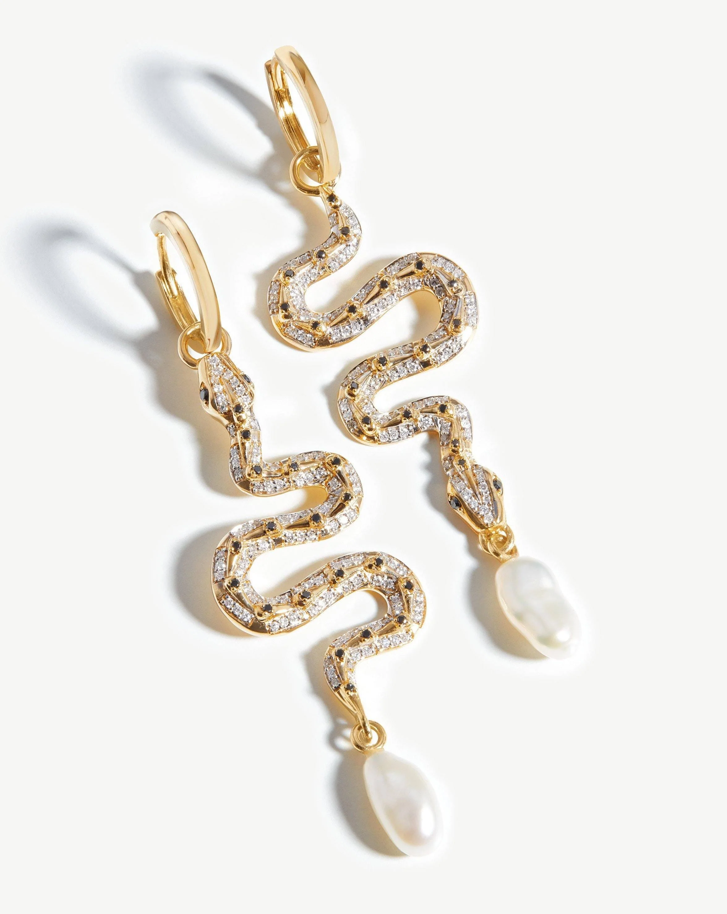 Harris Reed Solid Gold Serpent Drop Earrings | 14k Solid Gold/Pearl & Diamond