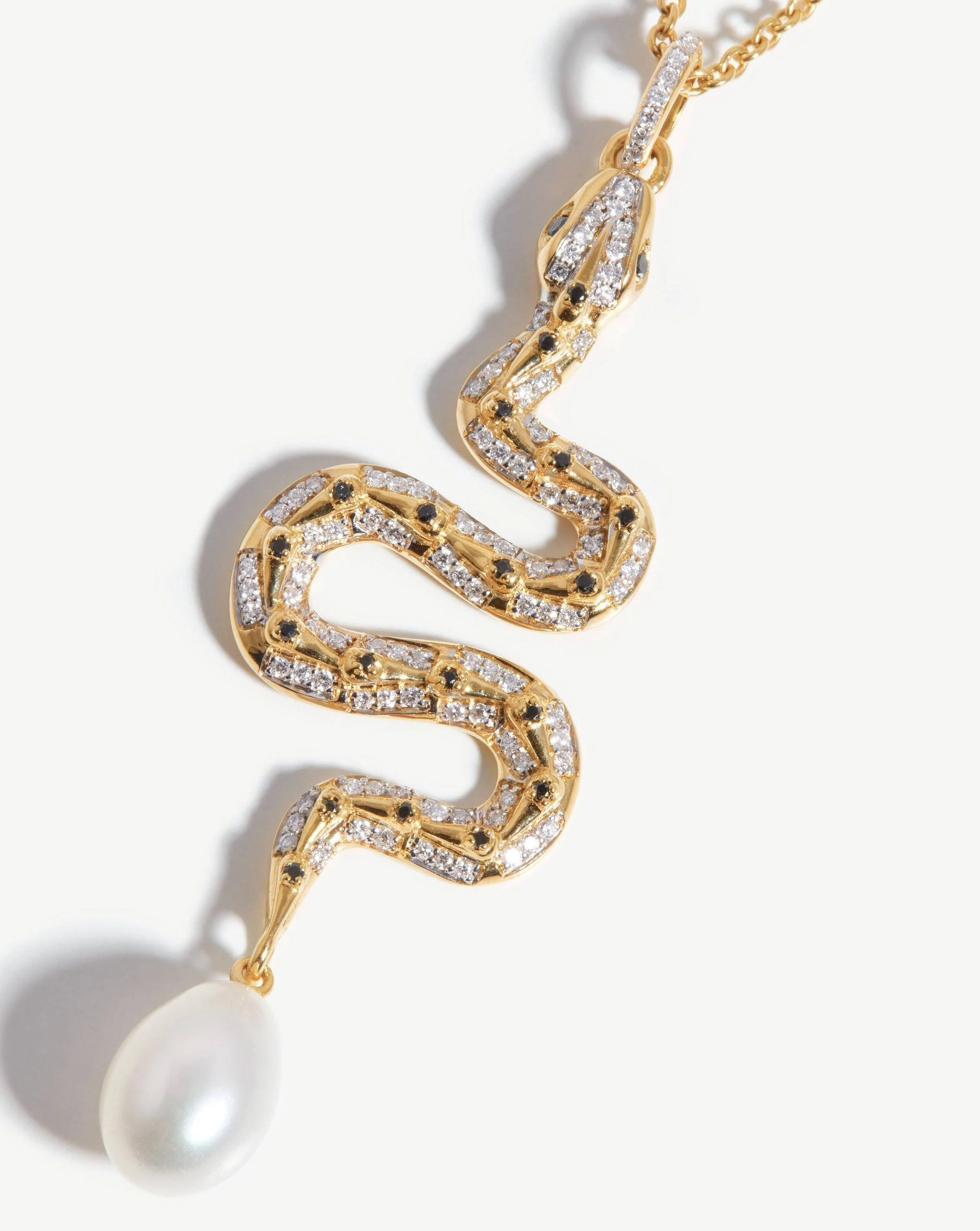 Harris Reed Solid Gold Serpent Necklace | 14k Solid Gold/Pearl & Diamond