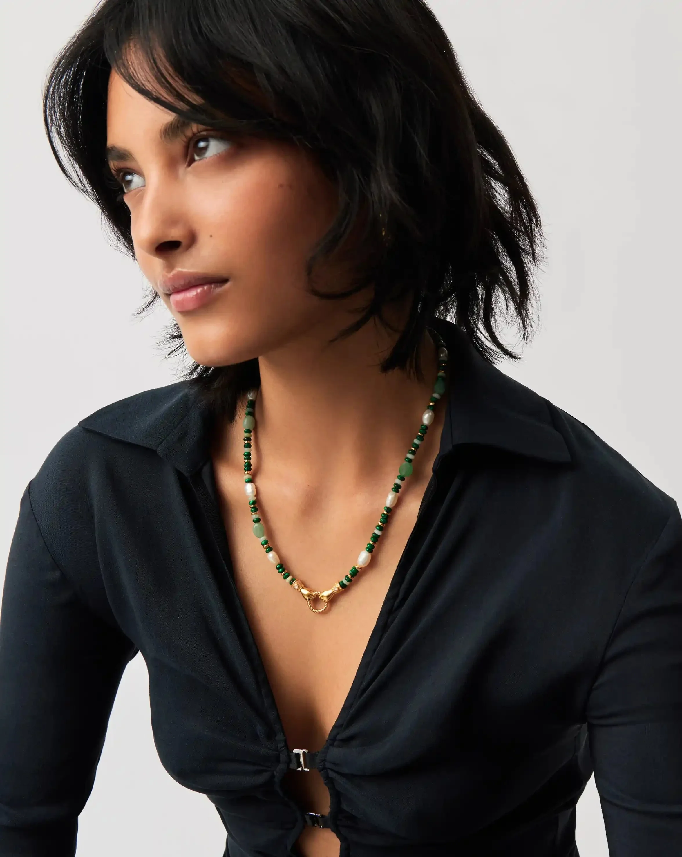 Harris Reed In Good Hands Beaded Gemstone Necklace | 18k Gold Plated/Multi Green Gemstone & Pearl - Image 3