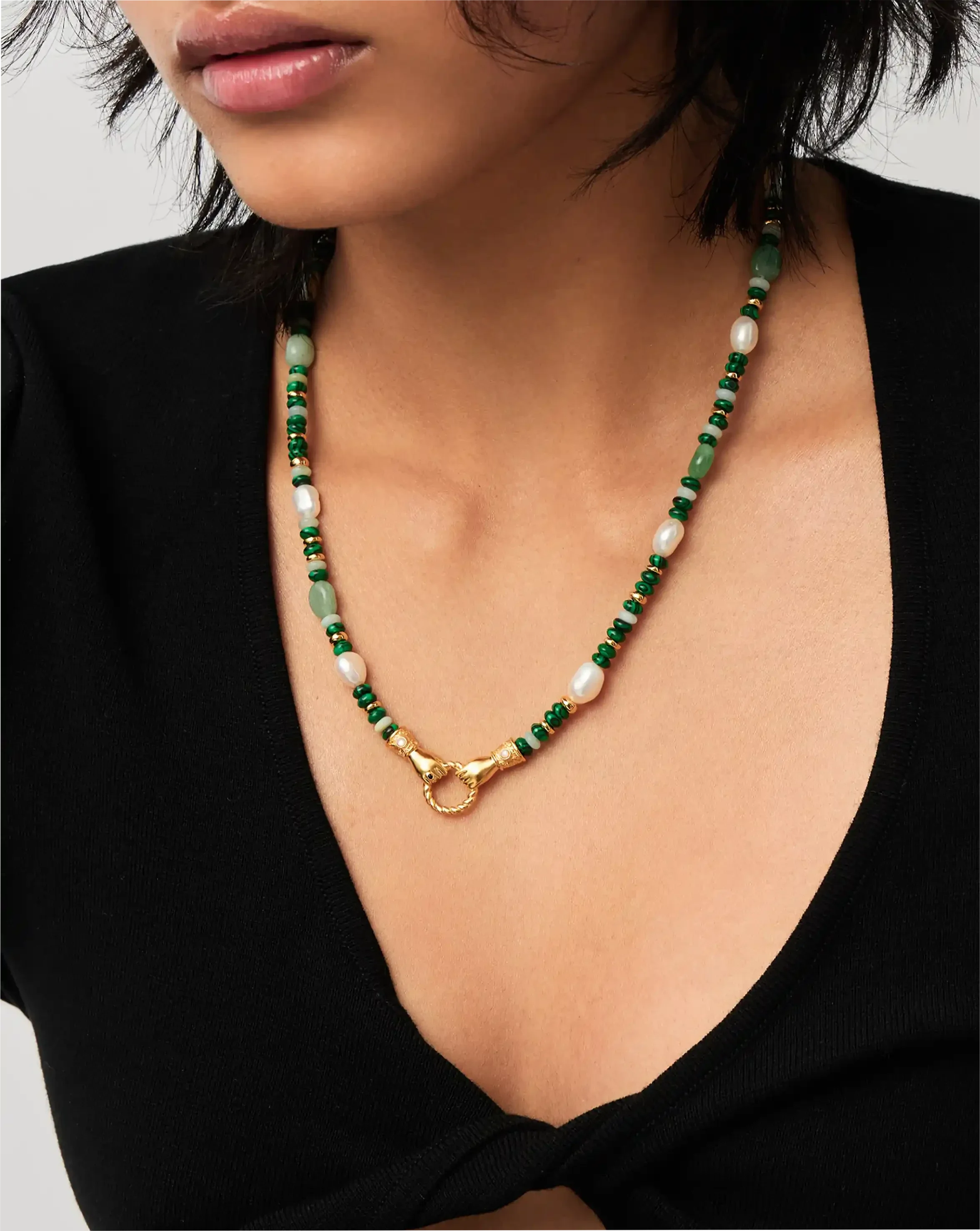 Harris Reed In Good Hands Beaded Gemstone Necklace | 18k Gold Plated/Multi Green Gemstone & Pearl - Image 6