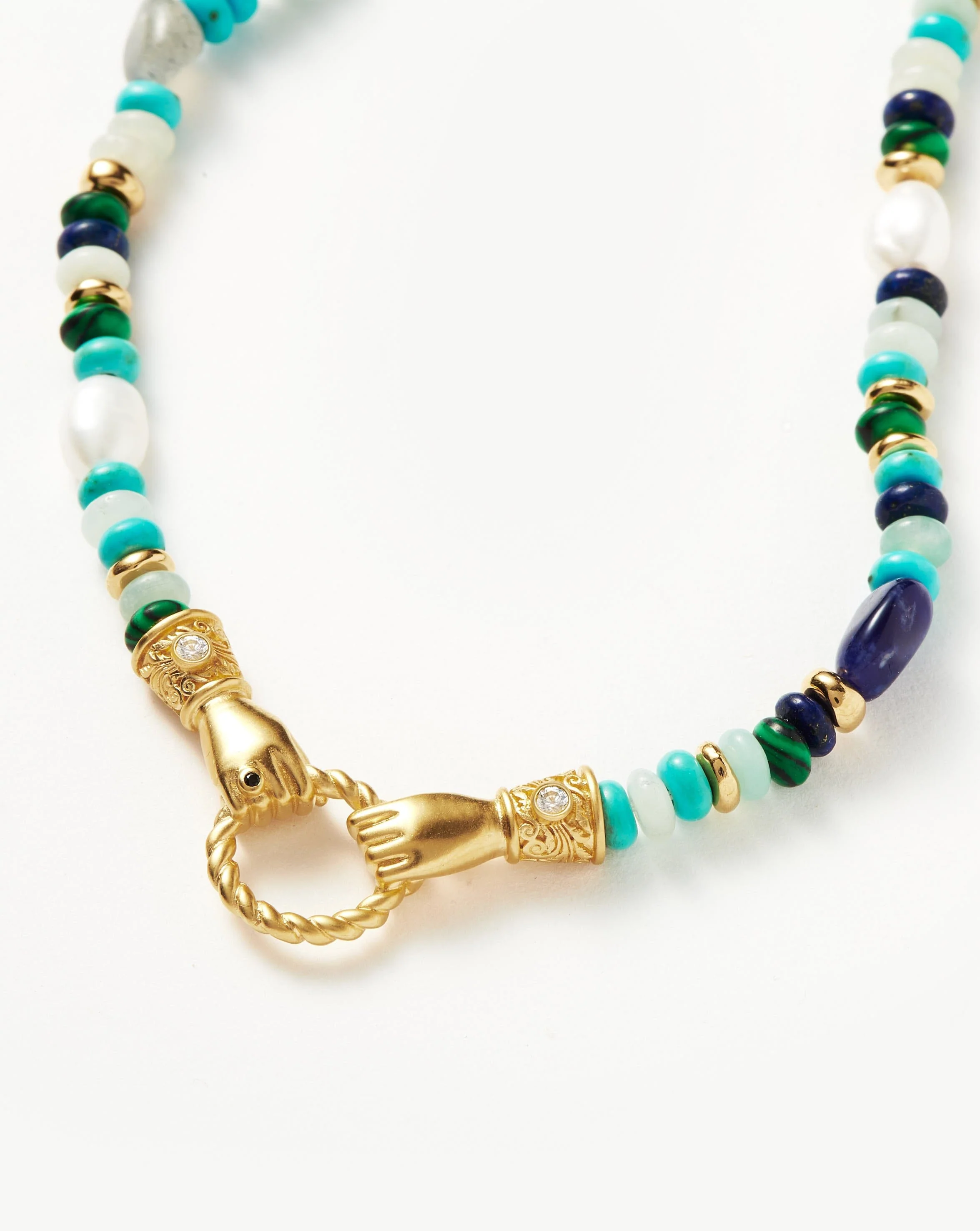 Harris Reed In Good Hands Beaded Gemstone Necklace | 18k Gold Plated/Turquoise, Lapis & Pearl - Image 3