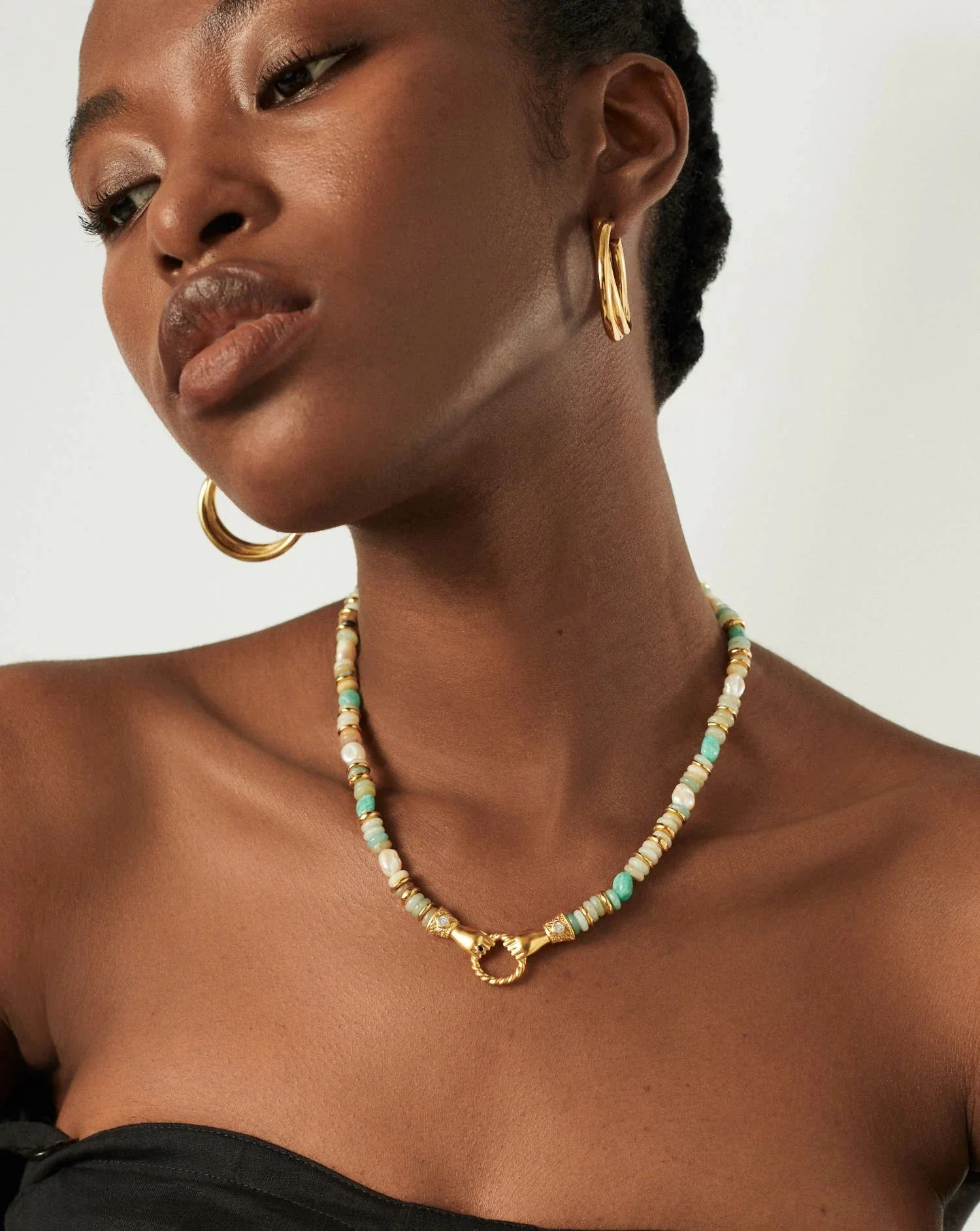 Harris Reed In Good Hands Chunky Beaded Gemstone Necklace | 18k Gold Plated/Multi Amazonite & Pearl - Image 2
