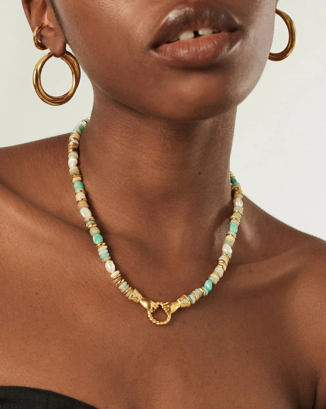 Harris Reed In Good Hands Chunky Beaded Gemstone Necklace | 18k Gold Plated/Multi Amazonite & Pearl - Image 3