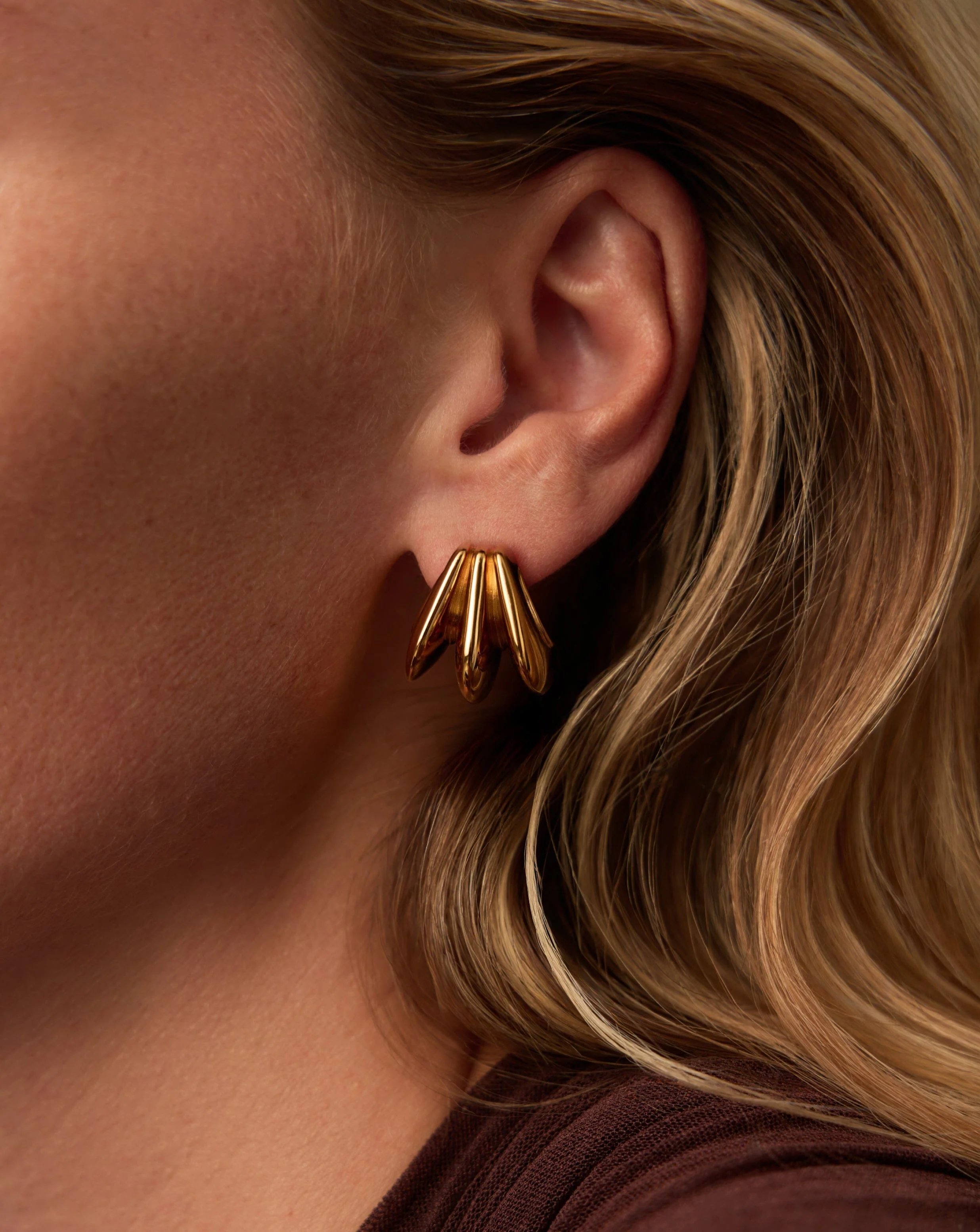 Hera Dome Triple Ridge Hoop Earrings | Gold Plated - Image 3