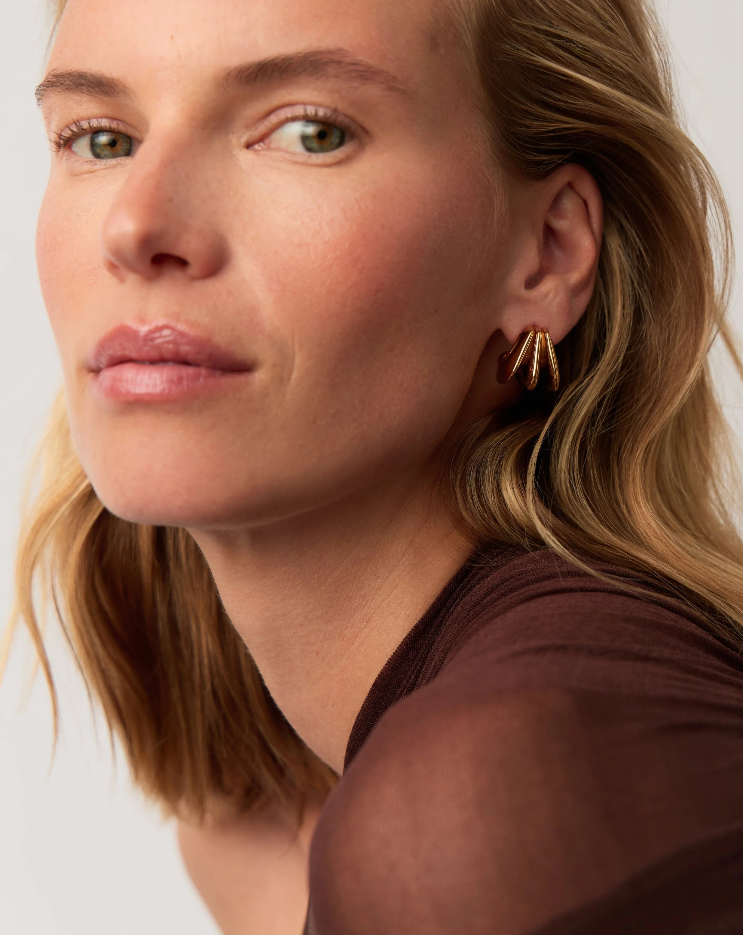 Hera Dome Triple Ridge Hoop Earrings | Gold Plated - Image 6