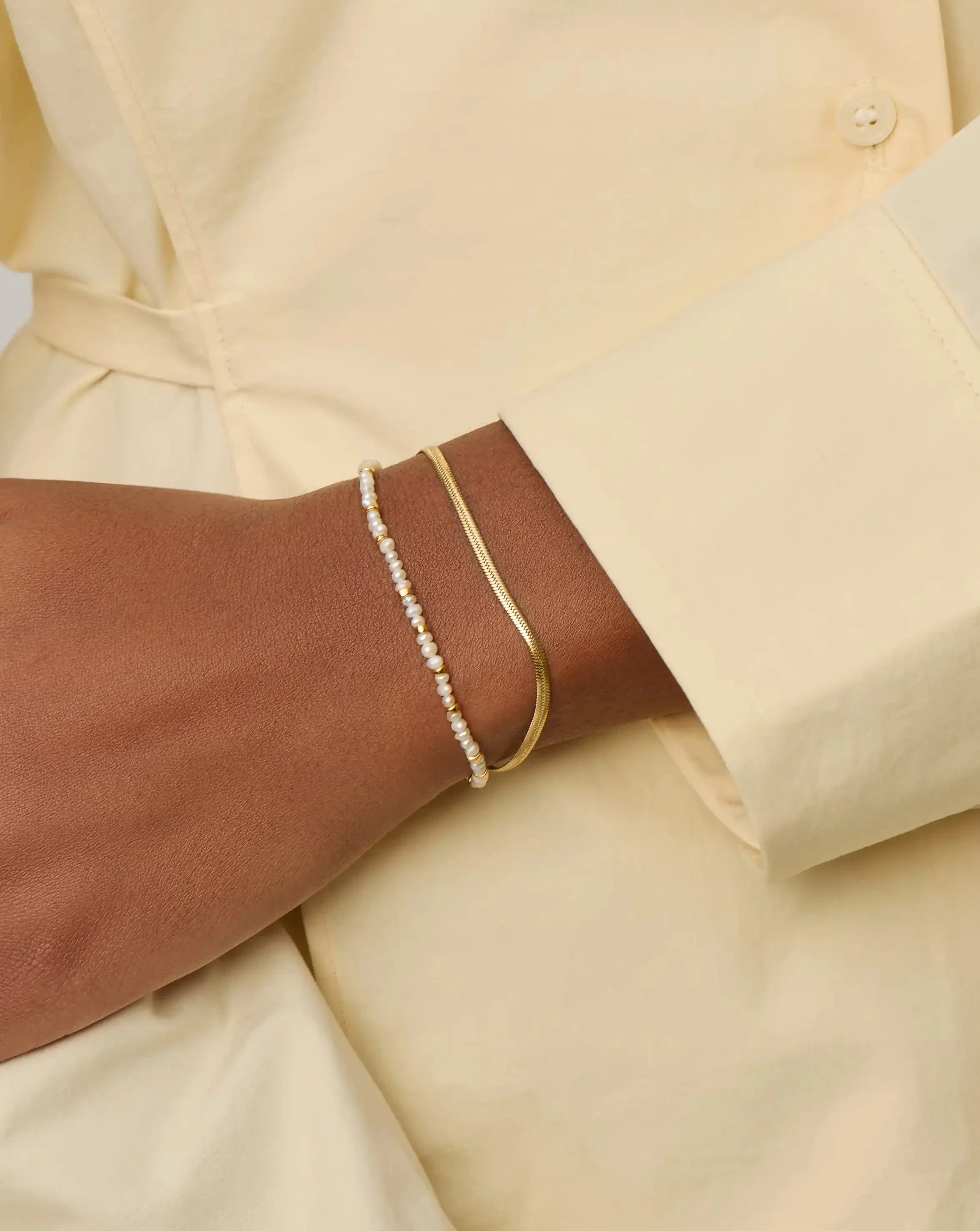 Micro Pearl Beaded & Thin Snake Chain Bracelet Set | 18k Gold Plated/Pearl - Image 2