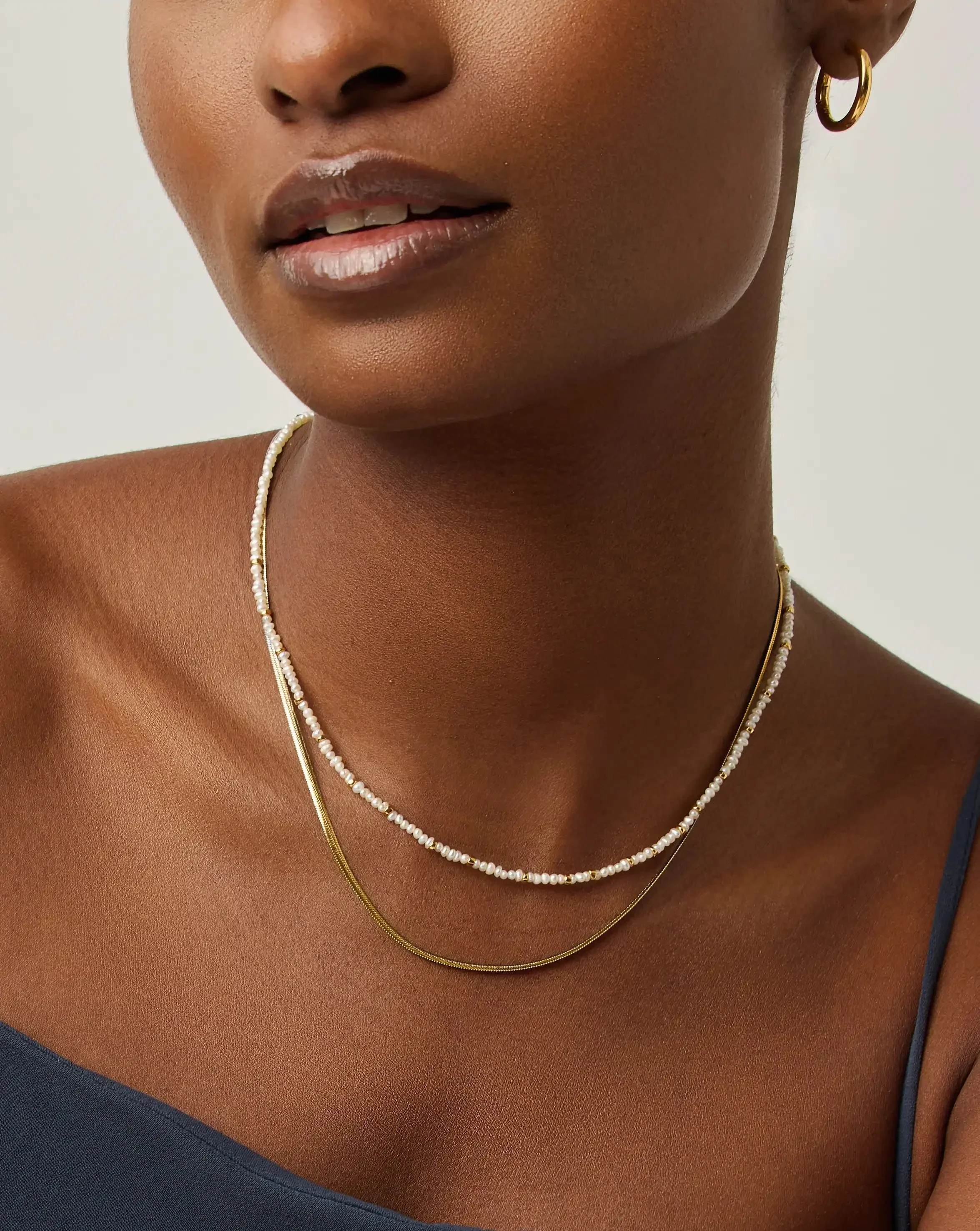 Micro Pearl Beaded & Thin Snake Chain Necklace Set | 18k Gold Plated/Pearl - Image 2