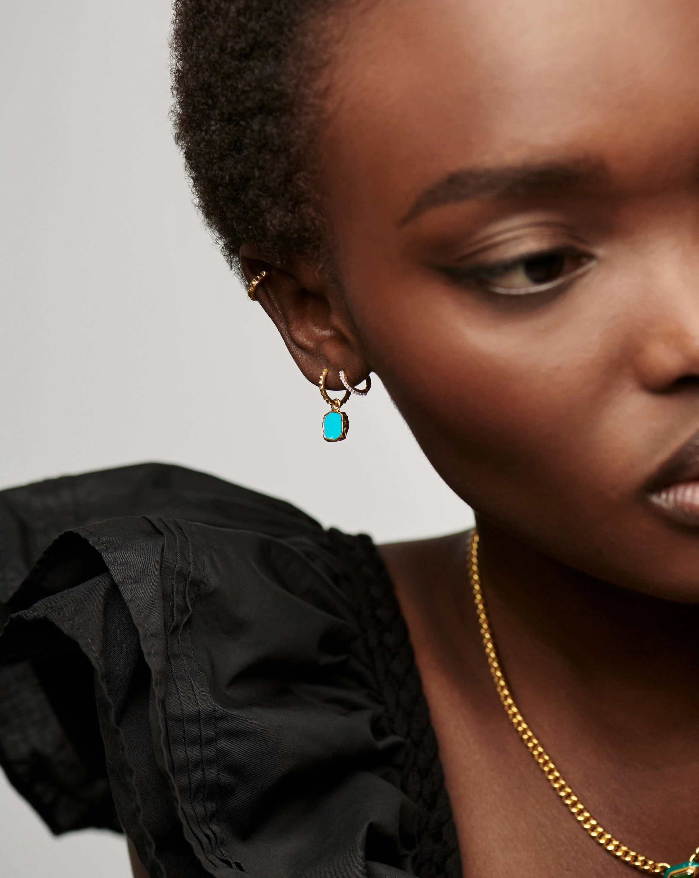 Mini Pyramid Charm Hoop Earrings | 18k Gold Vermeil/Turquoise - Image 3