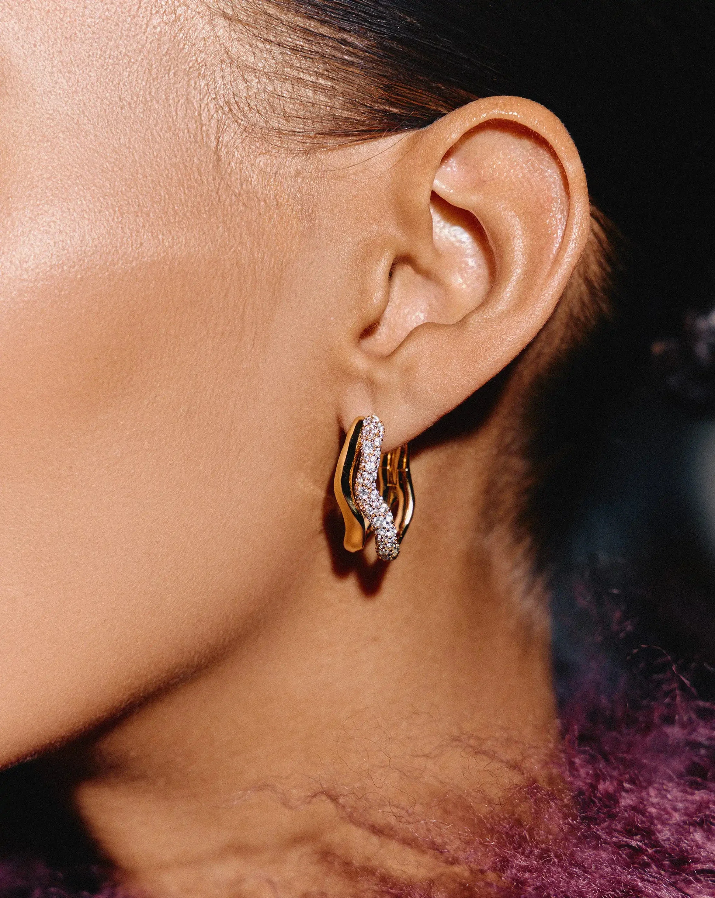 Molten Snow Double Medium Hoop Earrings | 18k Gold Plated/Cubic Zirconia - Image 2