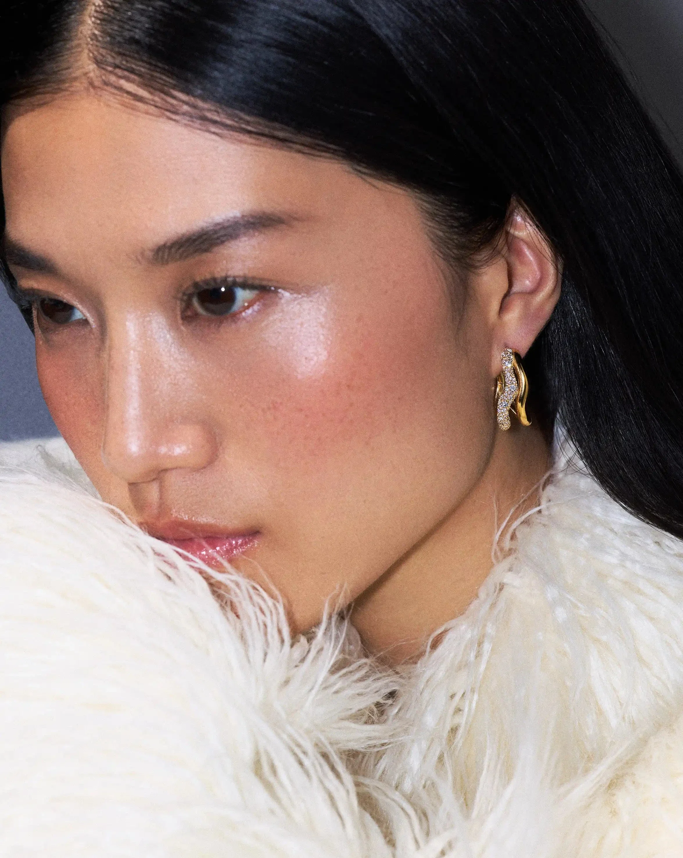 Molten Snow Double Medium Hoop Earrings | 18k Gold Plated/Cubic Zirconia - Image 5