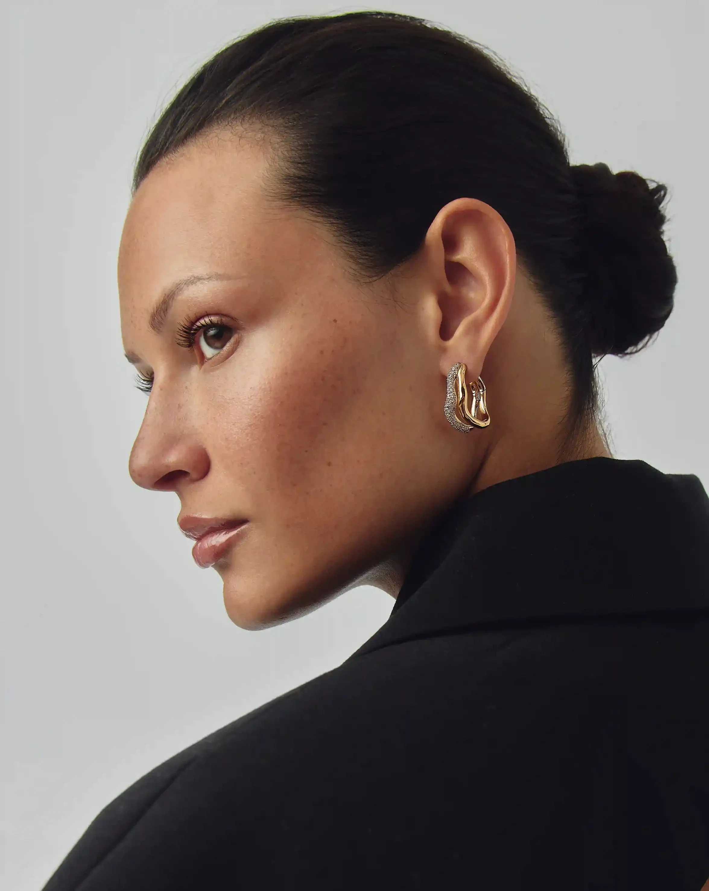 Molten Snow Double Medium Hoop Earrings | 18k Gold Plated/Cubic Zirconia - Image 6