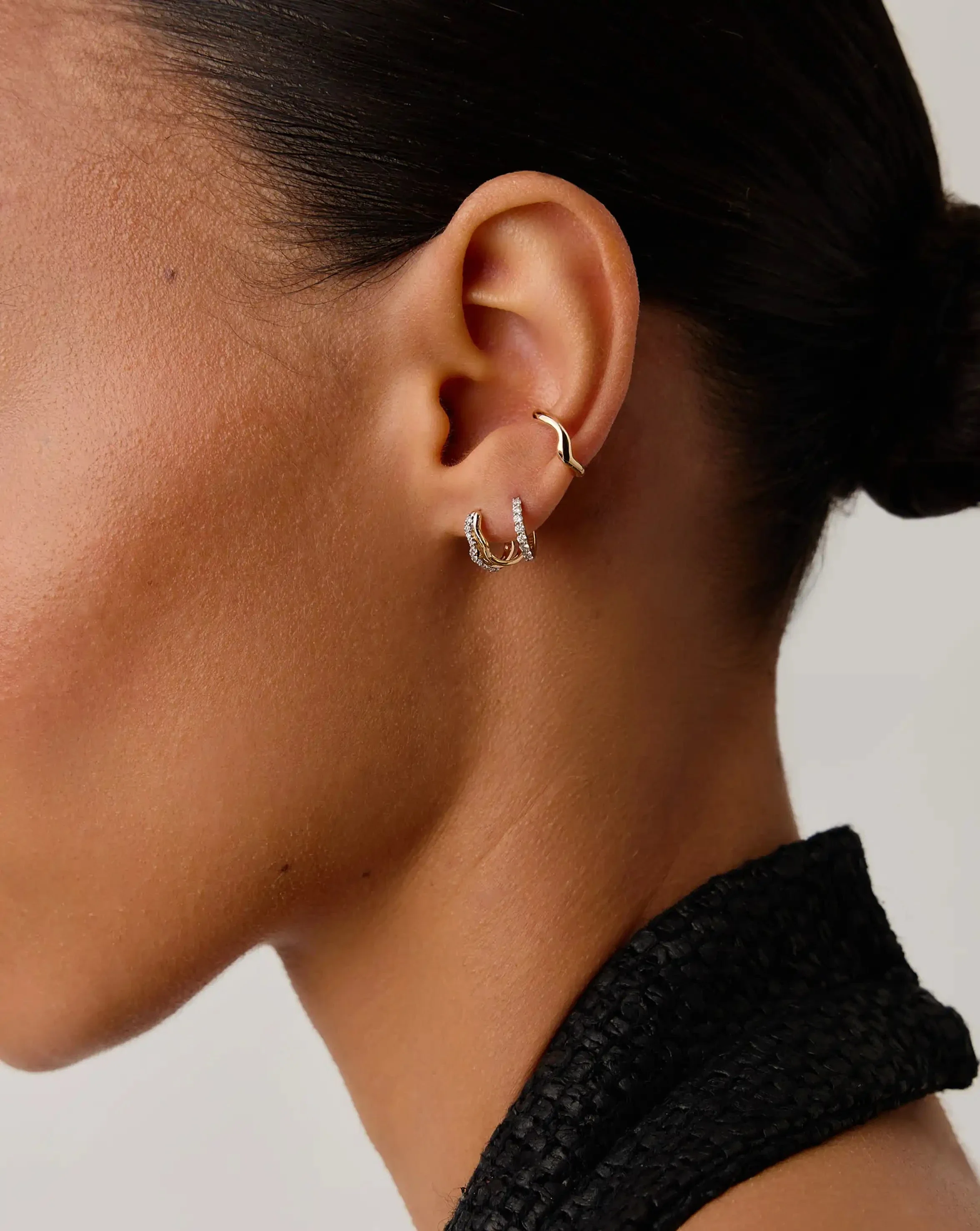 Molten Snow Solid Gold Diamond Double Mini Hoop Earrings | 14k Solid Gold/Lab Grown Diamonds - Image 2