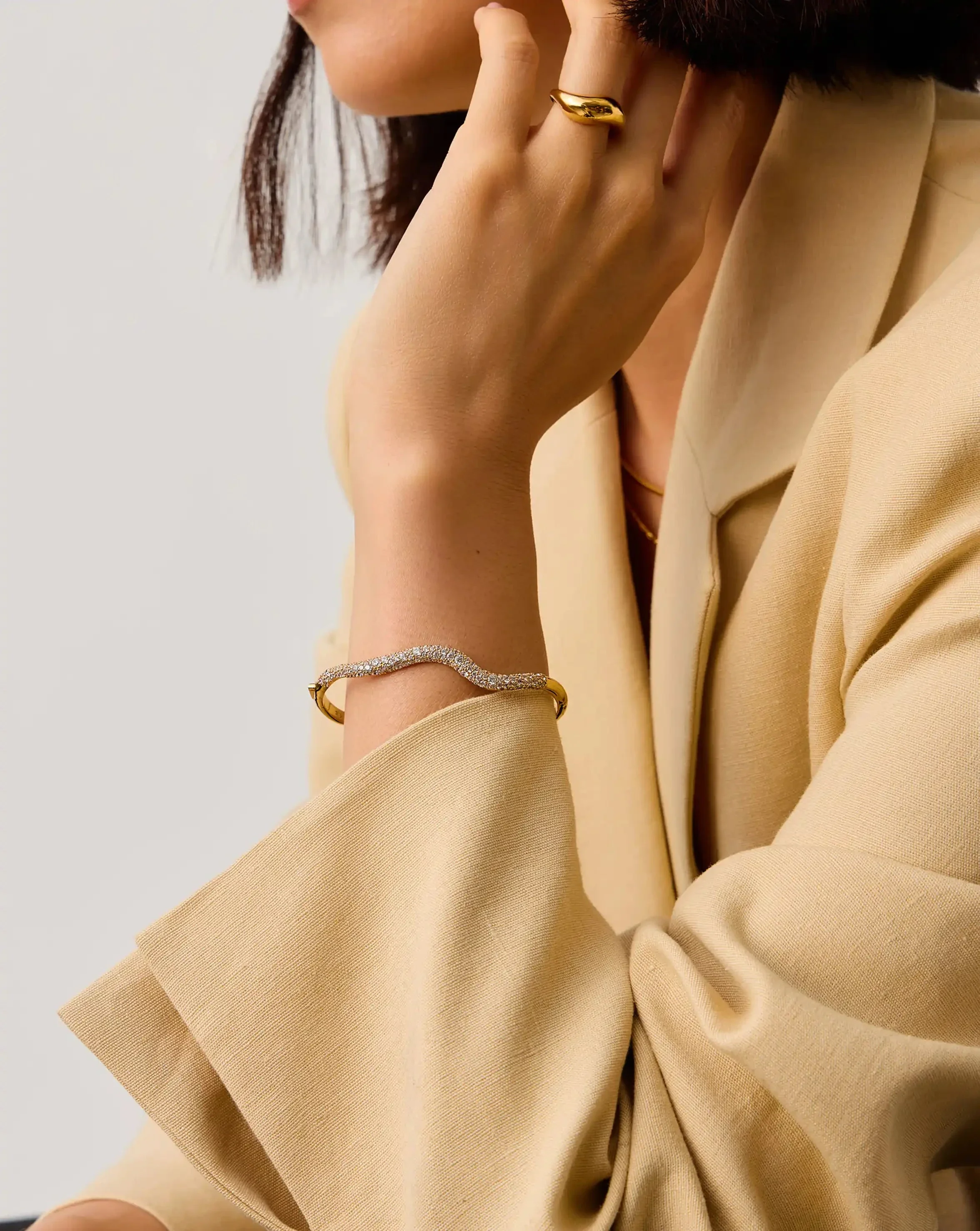 Molten Snow Ripple Hinged Bangle | 18k Gold Plated/Cubic Zirconia - Image 7