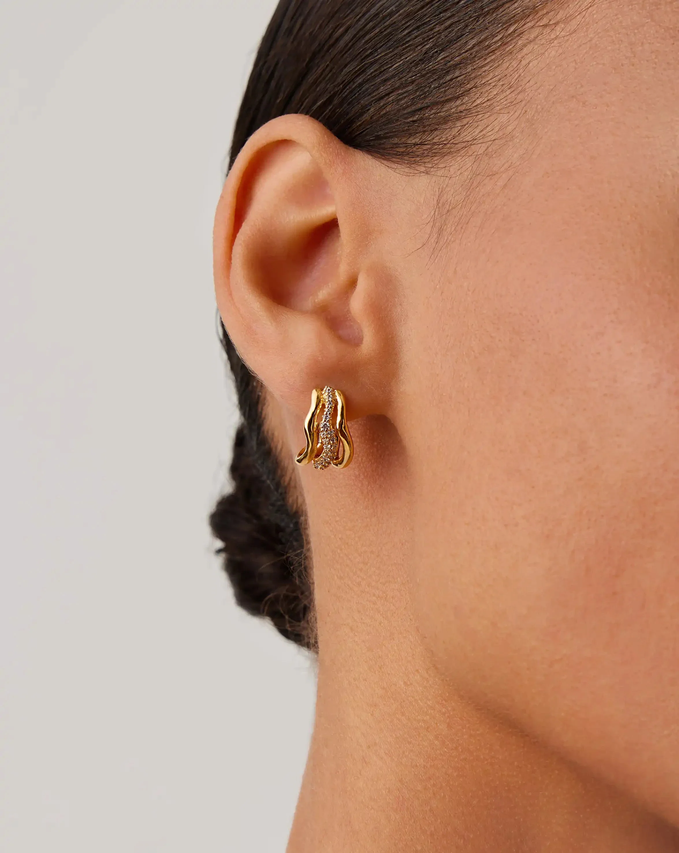 Molten Snow Triple Small Hoop Earrings | 18k Gold Plated/Cubic Zirconia - Image 2
