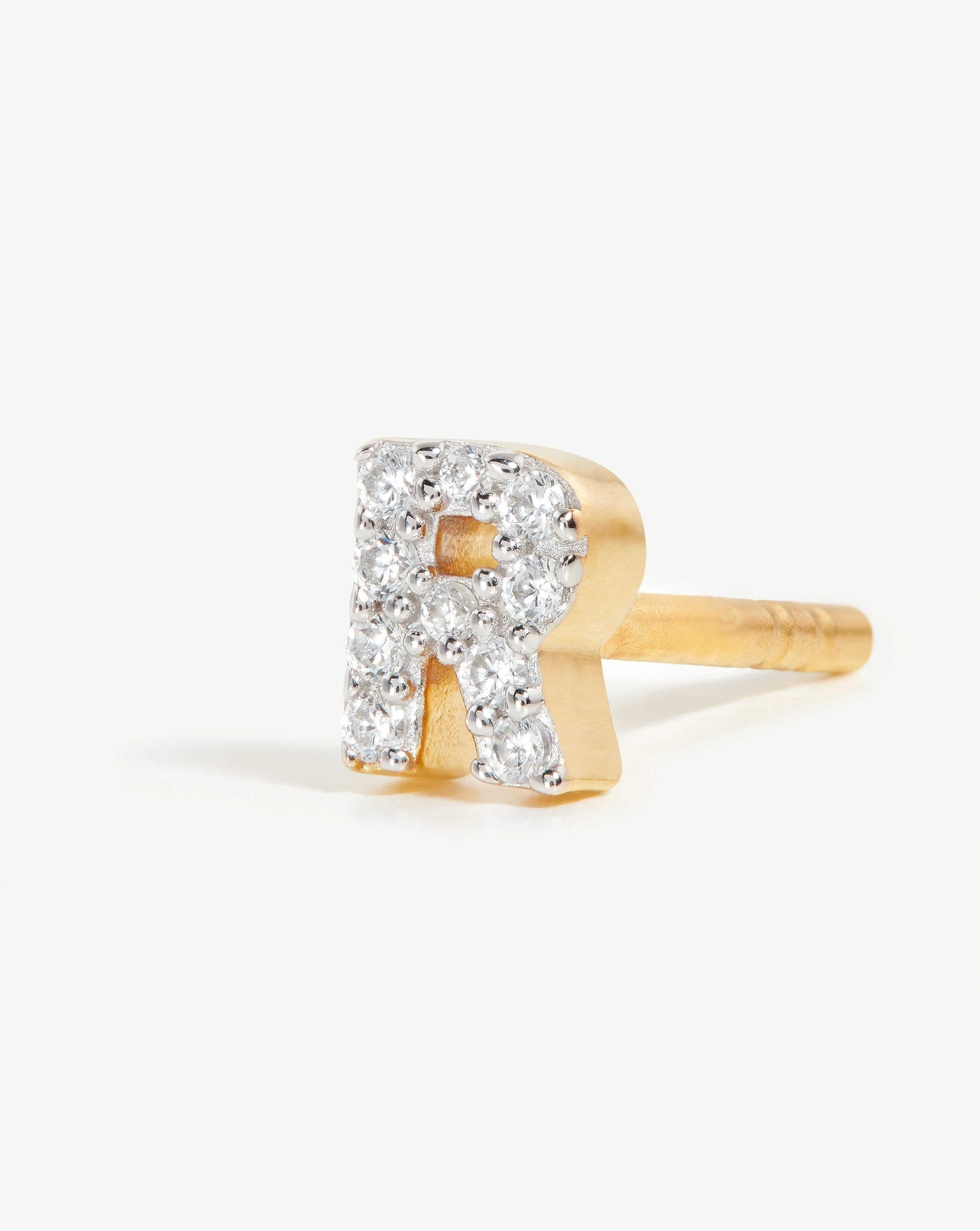 Pave Initial Single Stud Earring - Initial R | 18k Gold Vermeil/Cubic Zirconia - Image 2