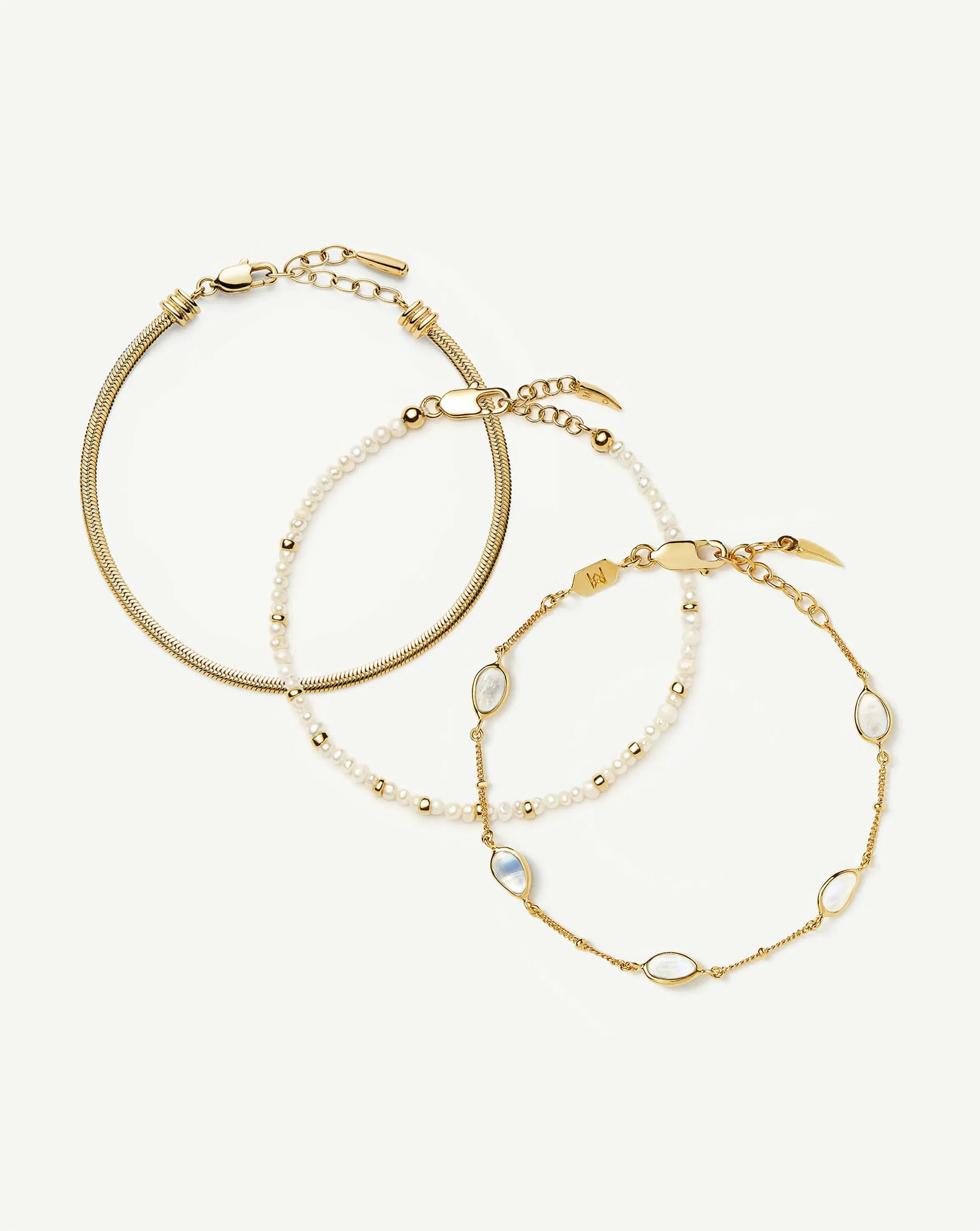 Pearl & Snake Chain Triple Bracelet Set | 18k Gold Plated/Pearl