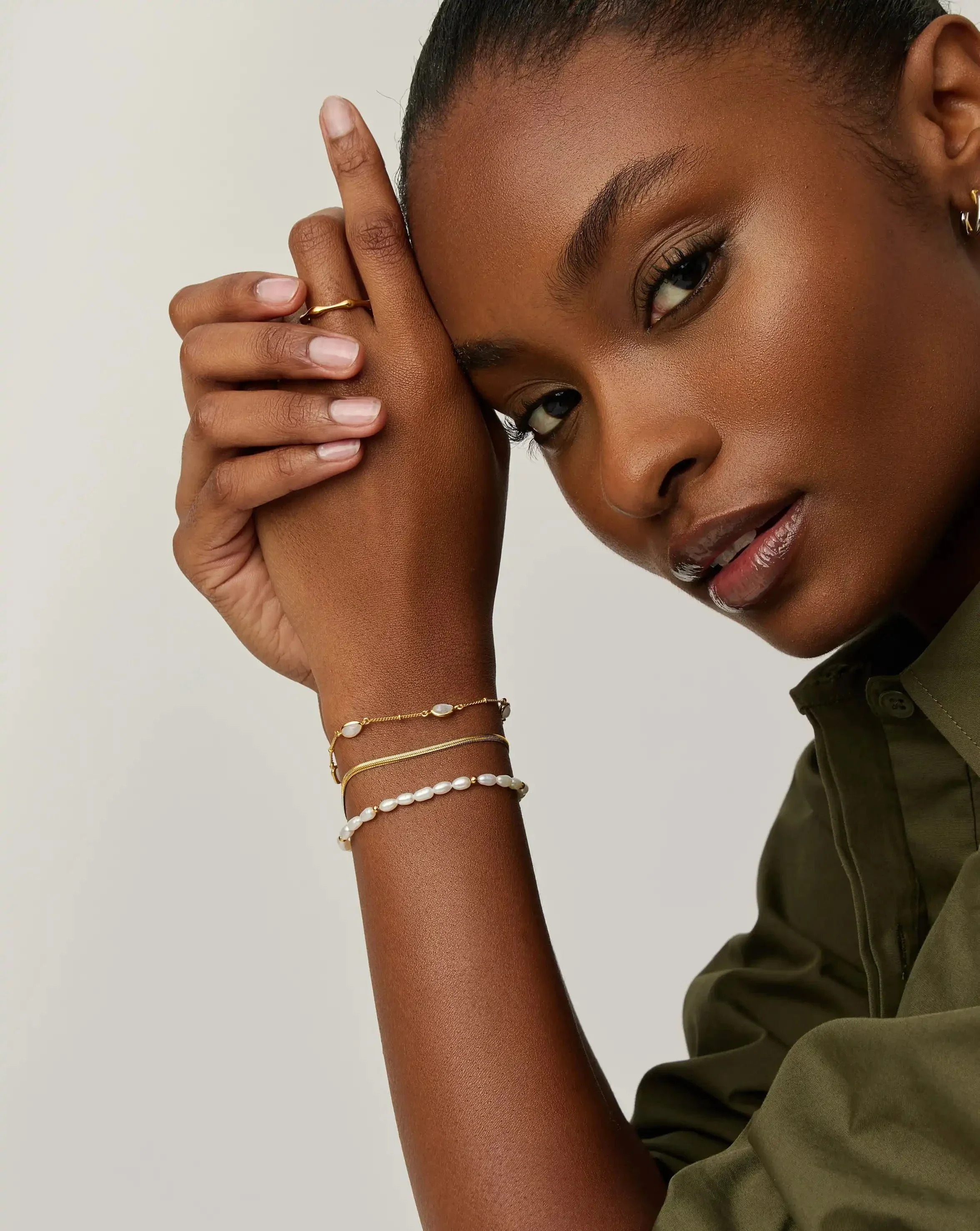 Pearl & Snake Chain Triple Bracelet Set | 18k Gold Plated/Pearl - Image 3