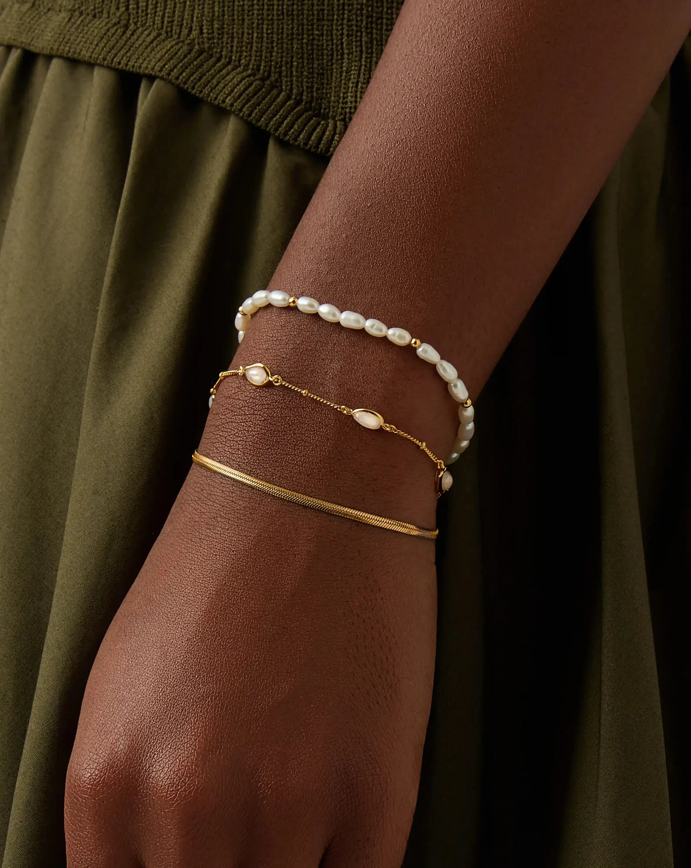 Pearl & Snake Chain Triple Bracelet Set | 18k Gold Plated/Pearl - Image 6