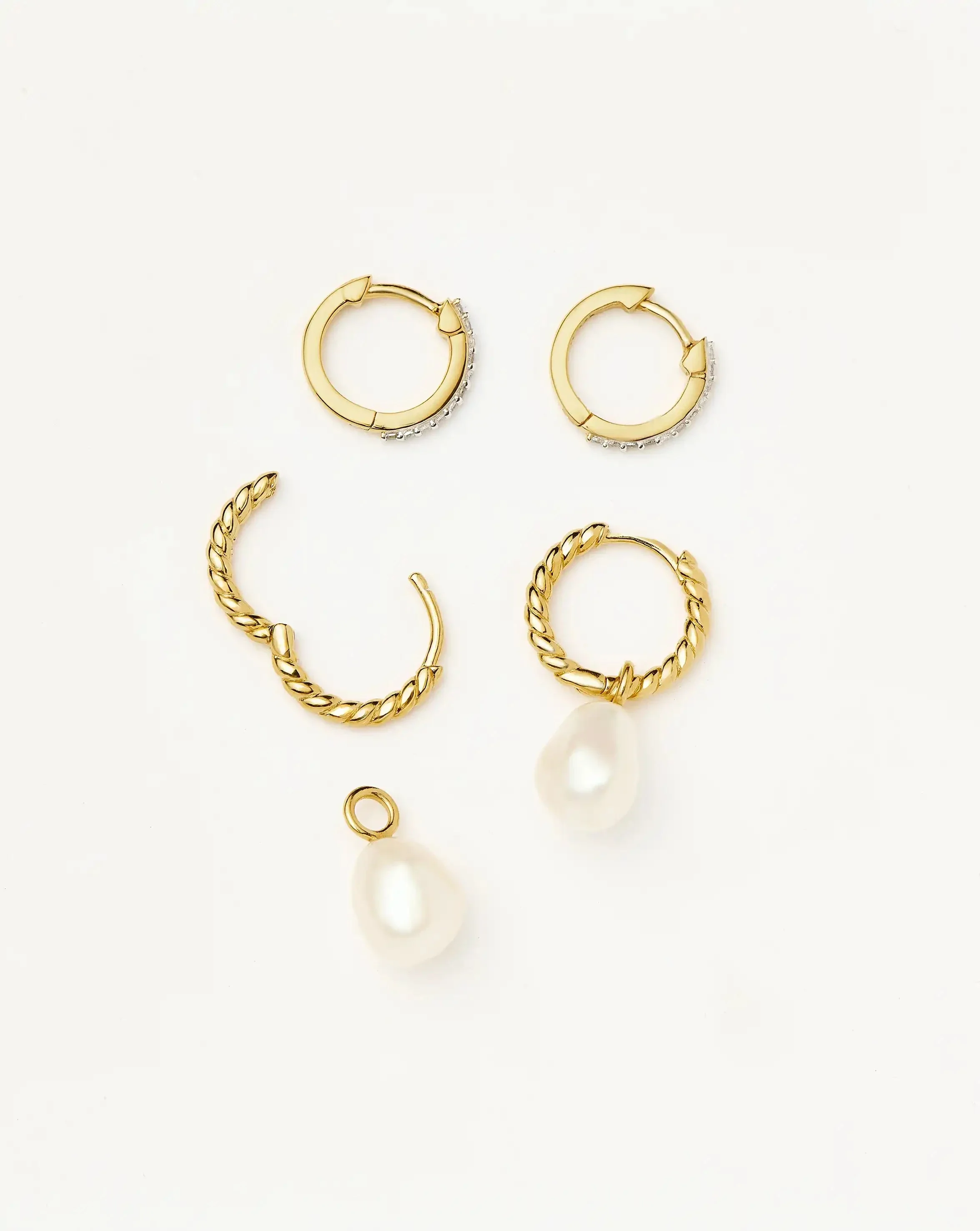 Pearl Twisted Drop Earrings & Classic Pave Huggies Set | 18k Gold Vermeil/Pearl/Cubic Zirconia