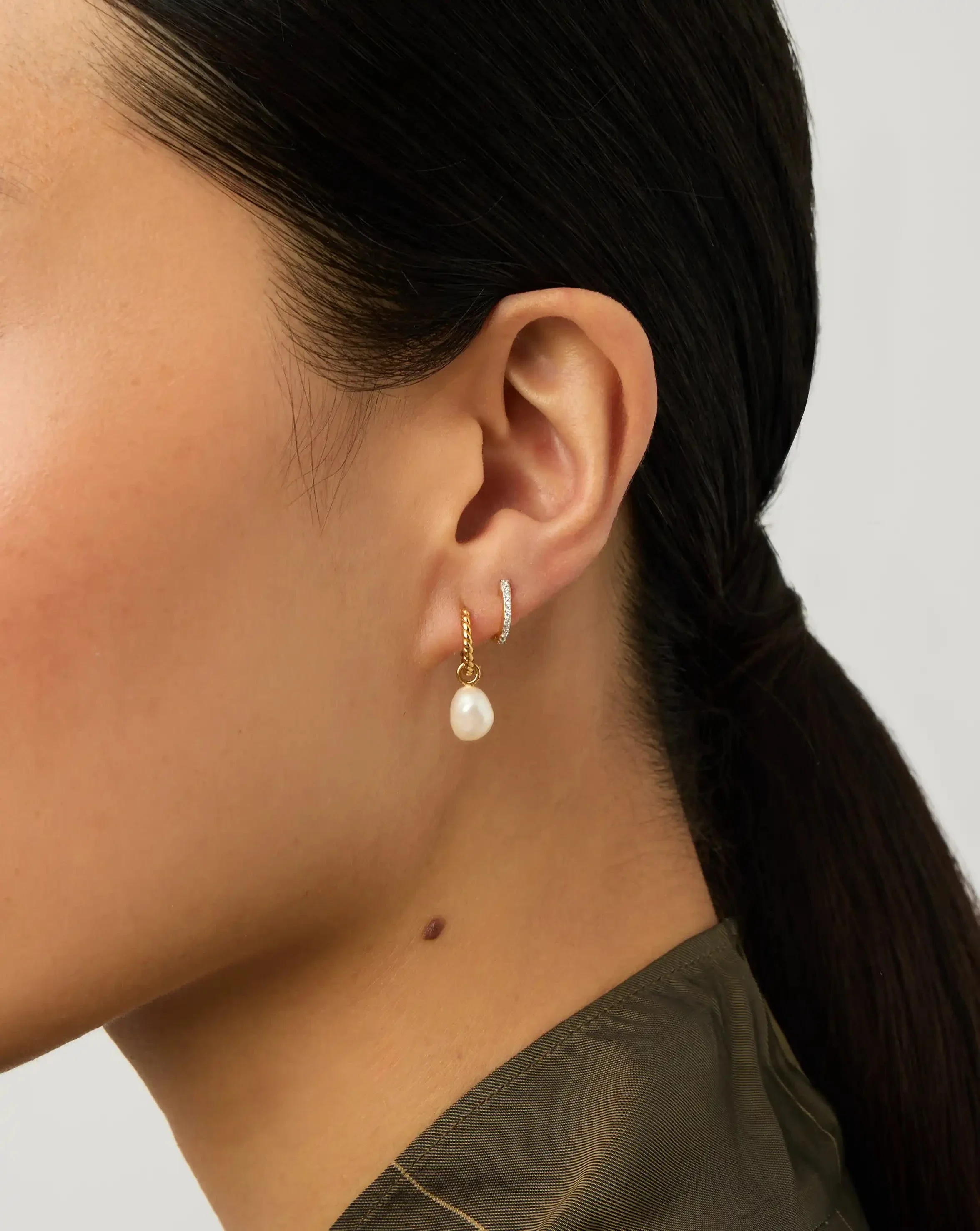 Pearl Twisted Drop Earrings & Classic Pave Huggies Set | 18k Gold Vermeil/Pearl/Cubic Zirconia - Image 2