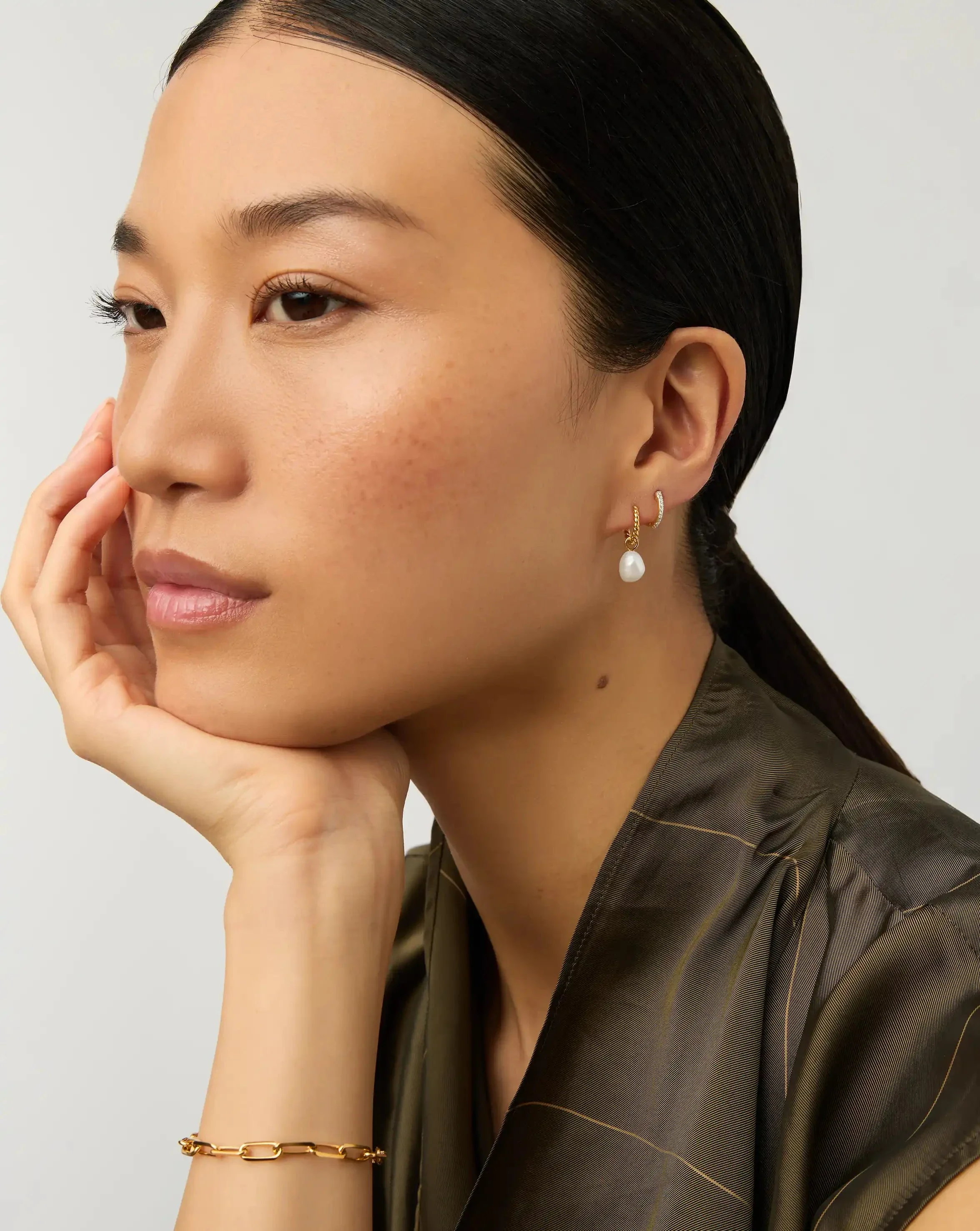 Pearl Twisted Drop Earrings & Classic Pave Huggies Set | 18k Gold Vermeil/Pearl/Cubic Zirconia - Image 3