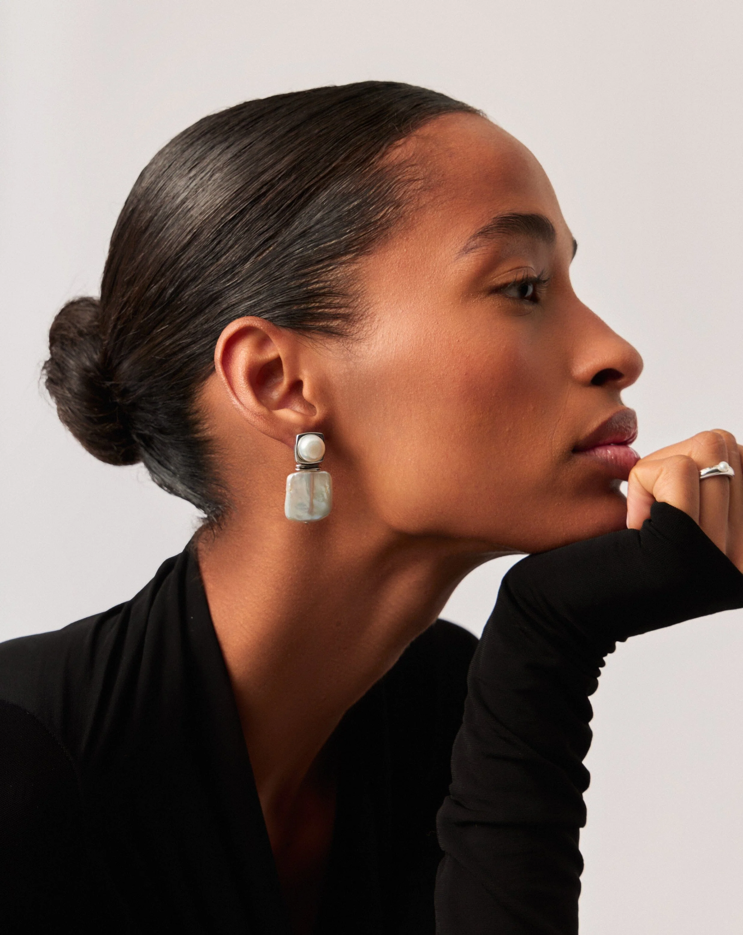 Square Pearl Statement Earrings | Silver Plated/Pearl - Image 3